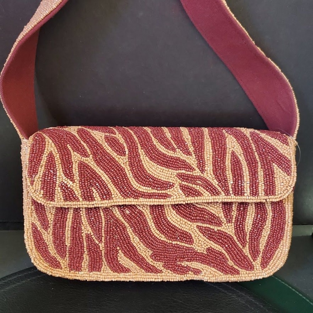 America & Beyond Express Beaded Print Shoulder Bag Tan & Rust New with Tags